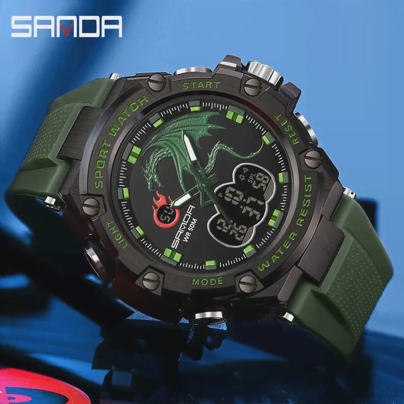 SANDA Outdoor Sport Watch Dual Time Мужские Часы 50 М Водонепроницаемые Мужские Часы Военные Часы для Мужчин СВЕТОДИОДНЫЕ Электронные Часы