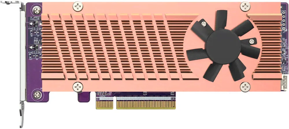 Карта расширения твердотельного накопителя Qnap Dual M.2 22110/2280 PCIe Gen3 x8 NVMe, хост-интерфейс PCIe Gen3 x8, пропускная способность до 64 Гбит/